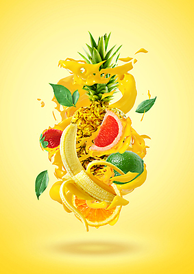 PSD 편집이미지 잎 오렌지 딸기 바나나 사람없음 노란색 자몽 파인애플 액체표현 라임 스플래쉬 이미지편집 식물 컬러 과일 순간포착 액체 열대과일 파일형식