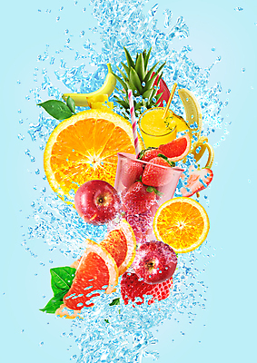 PSD 편집이미지 하늘색 잎 오렌지 딸기 단면 잔 바나나 빨대 사람없음 물방울 사과 자몽 파인애플 액체표현 튀는물 파인애플주스 스플래쉬 이미지편집 식물 식기 과일 순간포착 파란색 액체 과일주스 열대과일 파일형식