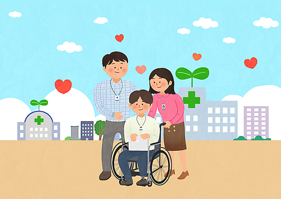 전신 PSD 구름 여자 남자 일러스트 병원 서기 앉기 성인 건물 세명 새싹 하트 잡기 도움 비즈니스맨 비즈니스우먼 장애인 사회복지 동료 휠체어 사원증 도우미 배려 성인만 장애인복지 국내일러스트 자연요소 모양 식물 건축물 컨셉 비즈니스 의학 관계 모션 사람 직장인 복지 장애 파일형식
