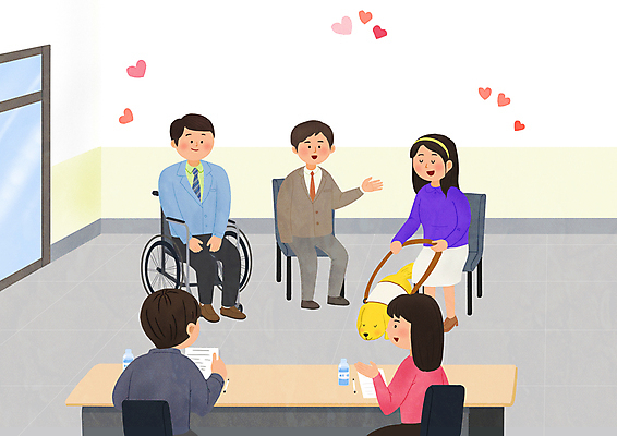 전신 PSD 여자 남자 의자 일러스트 회사 앉기 여러명 상반신 성인 하트 비즈니스맨 비즈니스우먼 장애인 휠체어 면접 면접관 비장애인 시각장애인 안내견 채용 성인만 장애인취업 장애인복지 국내일러스트 모양 가구 다수 비즈니스 모션 사람 직장인 개 복지 장애 파일형식