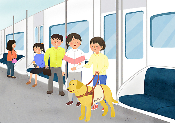 전신 PSD 여자 남자 일러스트 창문 서기 앉기 여러명 성인 팔짱 눈감음 잡기 도움 전철 승차 장애인 시각장애인 안내견 성인만 장애인복지 국내일러스트 육상교통 다수 컨셉 모션 대중교통 사람 개 복지 장애 파일형식