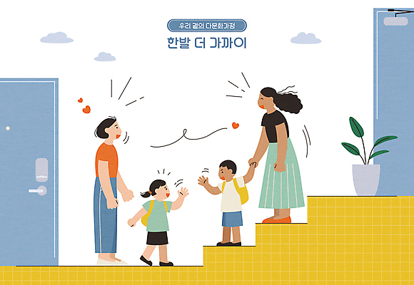 전신 여자 남자 딸 화분 아들 어린이 일러스트 모녀 엄마 아파트 사랑 서기 소녀 소년 여러명 성인 문 계단 손잡기 하트 인사 복도 다문화 손인사 다문화사회 다문화가정 이웃 국내일러스트 AI파일 모자관계 모양 감정 다수 가족 모션 주택 사람 예절 사회_공동체 사회이슈 파일형식 벡터