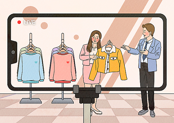 전신 PSD 옷 여자 남자 분홍색 일러스트 모바일 서기 들기 성인 두명 스마트폰 쇼핑 가리킴 옷걸이 온라인쇼핑 보여주기 모바일쇼핑 라이브 쇼호스트 성인만 영상촬영 라이브커머스 국내일러스트 직업 컬러 모션 사람 손짓 핸드폰 스마트기기 촬영 온라인 파일형식