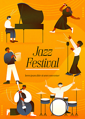 전신 여자 남자 포스터 연주 일러스트 노래 들기 여러명 성인 타이포그라피 축제 주황색 연주자 피아노 색소폰 마이크 드럼 트럼펫 첼로 재즈 드럼스틱 음악축제 재즈가수 얼굴없음 성인만 국내일러스트 AI파일 문자 음악 컬러 음향기기 다수 모션 타악기 사람 음악가 가수 건반악기 목관악기 금관악기 파일형식 벡터 찰현악기