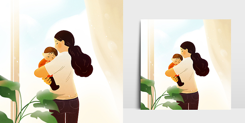 PSD 여자 남자 아들 어린이 잎 거실 일러스트 가족 안기 포옹 엄마 따뜻함 사랑 소년 상반신 성인 두명 눈감음 편안함 국내일러스트 모자관계 식물 감정 관계 모션 사람 감각 파일형식