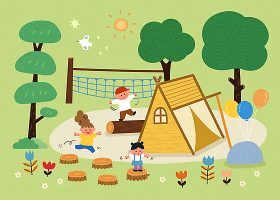 전신 나무 한마리 여자 남자 꽃 어린이 일러스트 자연 놀이 조류 팔벌리기 텐트 소녀 소년 세명 연두색 태양 점프 바위 놀이터 풍선 나무밑둥 자연친화 어린이만 국내일러스트 AI파일 자연요소 식물 동물 1 모션 캠핑도구 사람 초록색 돌_바위 생태계 파일형식 벡터