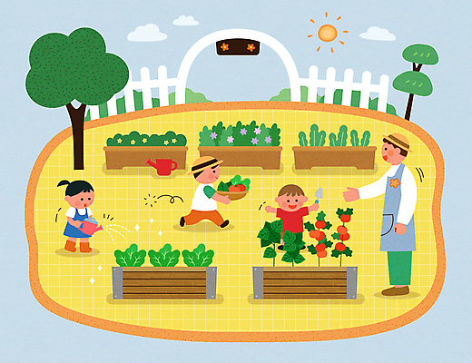 전신 나무 식물 모자 여자 남자 꽃 화분 어린이 하늘색 잎 토마토 일러스트 자연 서기 들기 소녀 소년 여러명 성인 울타리 태양 노란색 바구니 농사 앞치마 유치원 물뿌리개 상추 모종삽 깻잎 유치원선생님 쌈채소 자연친화 텃밭 국내일러스트 AI파일 자연요소 잡화 교육 컬러 다수 밭 농업 채소 모션 사람 파란색 담장 교사 삽 생태계 파일형식 벡터