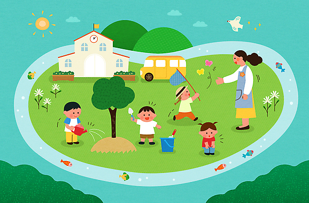 전신 나무 구름 응시 여자 남자 꽃 호수 어린이 하늘색 나비 여러마리 일러스트 학교 자연 조류 어류 서기 들기 소녀 소년 여러명 성인 연두색 태양 교사 앞치마 물뿌리개 모종삽 스쿨버스 양동이 자연학습 나무심기 채집망 웅크림 물뿌리기 자연친화 국내일러스트 AI파일 자연요소 식물 동물 직업 시선 교육 다수 곤충 모션 버스 사람 초록색 파란색 수중동물 체험학습 삽 생태계 심기 파일형식 벡터