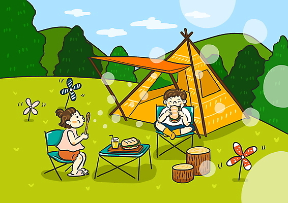 전신 PSD 나무 여자 남자 어린이 일러스트 샌드위치 텐트 들기 앉기 소녀 소년 초원 두명 컵 초록색 소풍 캠핑 비눗방울 숲 불기 먹기 바람개비 나무밑둥 비누방울놀이 어린이만 캠핑의자 국내일러스트 식물 식기 음식 컬러 의자 모션 놀이 레저 캠핑도구 사람 야외활동 파일형식