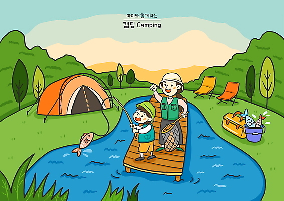 전신 PSD 나무 모자 여자 남자 아들 호수 어린이 의자 일러스트 엄마 낚시 텐트 세마리 어류 들기 소년 성인 두명 초록색 노을 캠핑 조끼 뜰채 낚싯대 숲 양동이 캠핑의자 국내일러스트 모자관계 자연요소 식물 잡화 컬러 가구 가족 모션 레저 캠핑도구 3 사람 수중동물 외투 낚시용품 파일형식