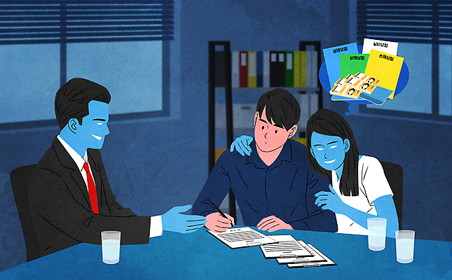 PSD 부부 여자 남자 지폐 일러스트 상반신 성인 세명 사무실 기댐 기록 돈다발 범죄인 사건 계약 통장 계약서 서명 보험 계약체결 보험계약서 보험설계사 서류판 성인만 어깨에손 보험사기 국내일러스트 직업 커플 돈 비즈니스 모션 사람 금융 사무용품 속임수 범죄 파일형식