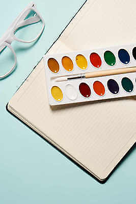 포토 JPG 해외이미지 안경 미술 취미 사람없음 공책 물감 붓 팔레트 파란배경 해외포토 잡화 백그라운드 문화예술 문구용품 파란색 미술도구 파일형식 이미지허브