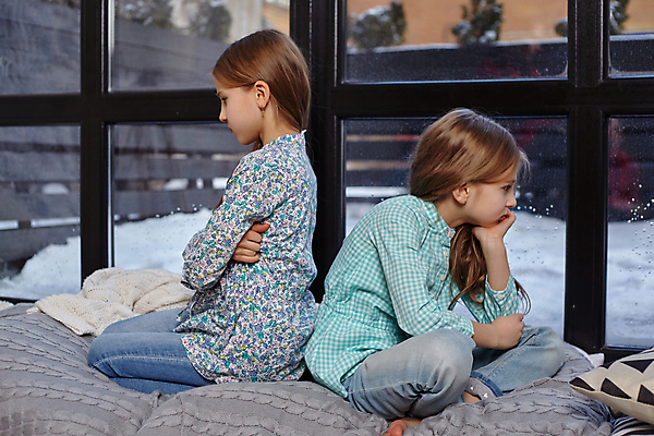 포토 JPG 해외이미지 전신 백인 여자 어린이 실내 앉기 두명 옆모습 팔짱 턱괴기 등돌리기 창가 자매 싸움 여동생 언니 불화 소녀만 해외포토 서양인 뷰포인트 창문 가족 모션 사람 내부 동생 여자만 어린이만 파일형식 이미지허브