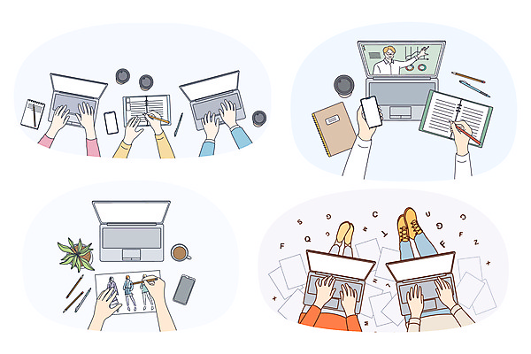 JPG 해외이미지 손 일러스트 비즈니스 협력 들기 신체부위 노트북 스마트폰 공책 타이핑 기록 작업 해외일러스트 모션 문구용품 사람 전자제품 핸드폰 스마트기기 파일형식 이미지허브