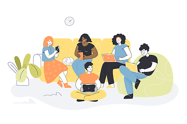 JPG 해외이미지 전신 여자 남자 화분 이어폰 일러스트 함께함 들기 앉기 여러명 성인 친구 노트북 스마트폰 소파 태블릿 우정 다리꼬기 성인만 빈백 해외일러스트 음향기기 생활용품 다수 컨셉 의자 관계 모션 사람 전자제품 핸드폰 스마트기기 파일형식 이미지허브