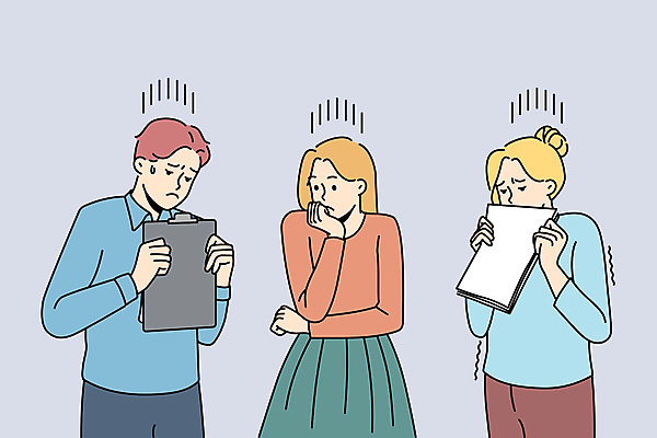 JPG 해외이미지 여자 남자 일러스트 비즈니스 들기 상반신 성인 세명 턱괴기 비즈니스맨 비즈니스우먼 좌절 문서 서류판 성인만 해외일러스트 감정 컨셉 모션 사람 사무용품 직장인 파일형식 이미지허브