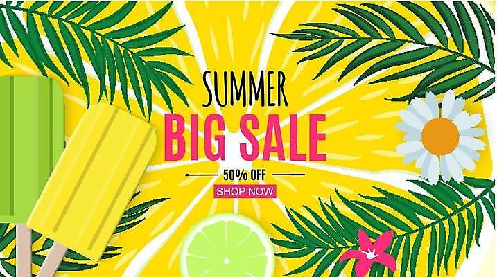 EPS 해외이미지 배너 꽃 일러스트 이벤트 사람없음 초록색 노란색 세일 야자수잎 막대아이스크림 빅세일 여름맞이 해외일러스트 식물 컬러 잎 아이스크림 파일형식 벡터 여름_계절 이미지허브