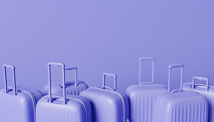 포토 JPG 해외이미지 여행 휴가 사람없음 3D 캐리어 보라색 출발 수화물 카피스페이스 해외포토 컬러 컨셉 여행가방 공백 디지털합성 파일형식 이미지허브