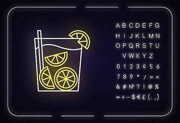 EPS 해외이미지 알파벳 선 조각 백그라운드 술잔 일러스트 빨대 타이포그라피 사람없음 칵테일 화려 레몬 심볼 슬라이스 네온 형광등 해외일러스트 문자 영어 컨셉 과일 전등 잔 주류 파일형식 벡터 이미지허브