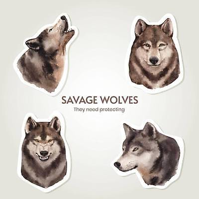 EPS 해외이미지 얼굴 야생동물 스티커 여러마리 일러스트 사람없음 찡그림 손그림 늑대 엘리먼트 포효 해외일러스트 동물 다수 포유류 표정 신체부위 외침 파일형식 벡터 이미지허브