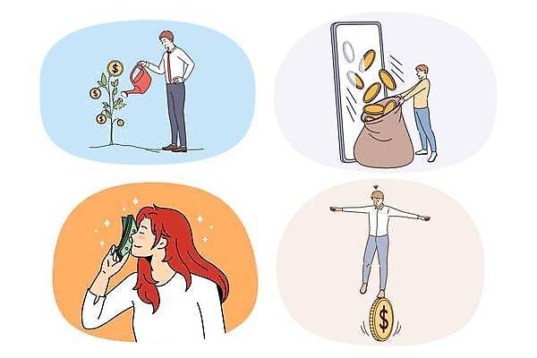 EPS 해외이미지 전신 여자 남자 돈 일러스트 서기 들기 상반신 스마트폰 물뿌리개 돈자루 재산 돈다발 균형 담기 투자 물뿌리기 수입 해외일러스트 비즈니스 모션 사람 금융 핸드폰 스마트기기 파일형식 벡터 이미지허브