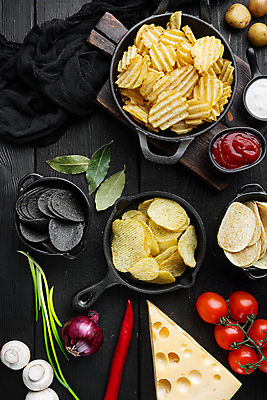 포토 JPG 해외이미지 방울토마토 양파 치즈 실내 사람없음 하이앵글 케첩 담기 감자칩 월계수 나무배경 해외포토 뷰포인트 백그라운드 토마토 채소 모션 유제품 내부 과자 소스_음식 칩_음식 파일형식 이미지허브