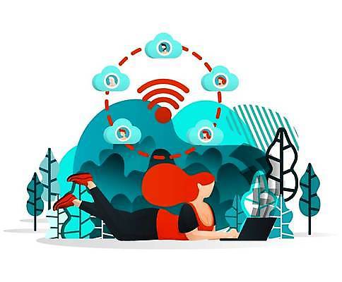 EPS 해외이미지 나무 여자 엎드리기 일러스트 비즈니스 통신 한명 성인 노트북 스마트 와이파이 성인여자한명만 해외일러스트 식물 1 컨셉 모션 사람 전자제품 무선인터넷 여자한명만 성인여자만 파일형식 벡터 이미지허브