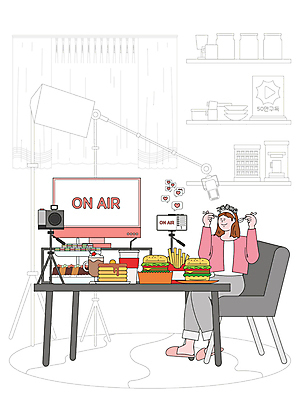 전신 여자 의자 일러스트 젓가락 창문 탁자 선반 한명 들기 앉기 성인 컴퓨터 카메라 모니터 숟가락 카펫 감자튀김 햄버거 머리띠 커튼 먹기 마이크 삼각대 팬케이크 조명장치 성인여자한명만 크리에이터 1인미디어 먹방 유튜버 영상촬영 국내일러스트 AI파일 직업 1 음향기기 가구 장신구 모션 감자 패스트푸드 수저 사람 전자제품 케이크 촬영 장비 튀김 방송 여자한명만 성인여자만 파일형식 벡터