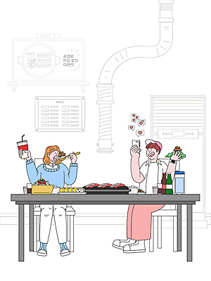 전신 여자 남자 음료 말풍선 의자 일러스트 탁자 들기 앉기 성인 두명 스마트폰 하트 먹기 에어컨 물병 쌈 삼겹살 메뉴판 냉면 계란말이 삼겹살집 음료수병 성인만 영상촬영 고깃집 국내일러스트 AI파일 모양 한식 가구 모션 여름음식 돼지고기 사람 핸드폰 스마트기기 식당 촬영 가전제품 계란요리 물통 병_담는 파일형식 벡터