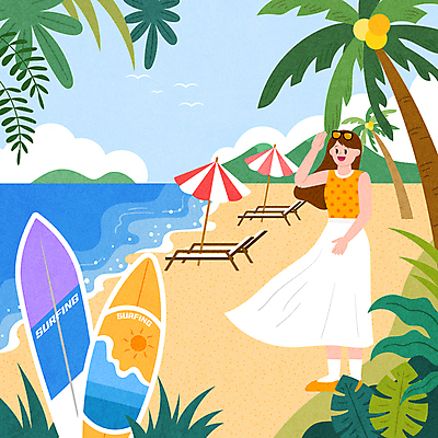 전신 여자 바다 해외여행 일러스트 휴가 휴식 한명 서기 성인 해변 여름휴가 바캉스 선글라스 야자수 손들기 파라솔 서핑보드 선베드 국내여행 열대잎 성인여자한명만 국내일러스트 AI파일 나무 1 해외 안경 여행 컨셉 잎 의자 모션 사람 보드_스포츠 여자한명만 성인여자만 파일형식 벡터 여름_계절