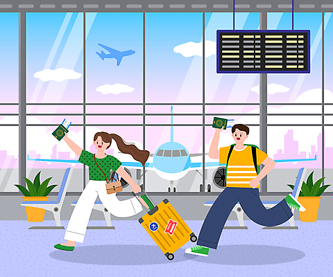 전신 구름 여자 남자 화분 해외여행 가방 일러스트 휴가 비행기 들기 성인 두명 달리기 캐리어 당기기 공항 여권 국내여행 공항라운지 성인만 국내일러스트 AI파일 자연요소 해외 잡화 여행 항공교통 교통시설 모션 대중교통 사람 여행가방 라운지 파일형식 벡터