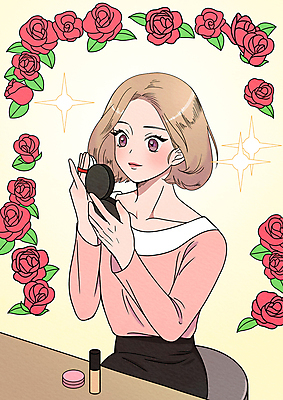 PSD 응시 여자 일러스트 한명 들기 상반신 성인 반짝임 화장 뷰티 장미 노란색 화장품 만화 카툰스타일 파운데이션 팩트 성인여자한명만 순정만화 국내일러스트 1 시선 꽃 컬러 모션 사람 여자한명만 성인여자만 파일형식