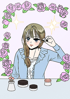 PSD 여자 분홍색 일러스트 한명 들기 상반신 성인 반짝임 화장 뷰티 장미 화장품 만화 마스카라 카툰스타일 디퓨저 성인여자한명만 순정만화 국내일러스트 1 꽃 컬러 모션 사람 여자한명만 성인여자만 파일형식