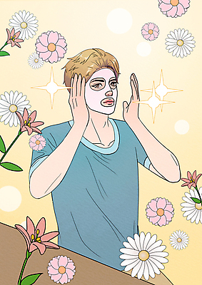 PSD 남자 꽃 일러스트 한명 상반신 성인 반짝임 뷰티 노란색 손들기 만화 피부관리 스킨케어 마스크팩 카툰스타일 성인남자한명만 그루밍족 순정만화 국내일러스트 식물 1 컬러 모션 사람 팩 남자한명만 성인남자만 파일형식