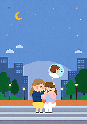 전신 구름 여자 남자 별 말풍선 일러스트 안기 앉기 상반신 성인 세명 파란색 계단 슬픔 달 울음 야간 이별 눈물 위로 성인만 쓰다듬기 달래기 국내일러스트 AI파일 자연요소 감정 컬러 컨셉 모션 표정 사람 파일형식 벡터