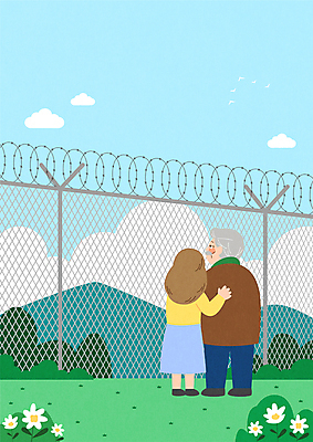 전신 구름 응시 여자 노년 남자 일러스트 포옹 하늘 산 서기 성인 두명 슬픔 철조망 그리움 위로 38선 남북 남북분단 실향민 이산가족 국내일러스트 AI파일 자연요소 시선 감정 가족 안기 모션 사람 파일형식 벡터