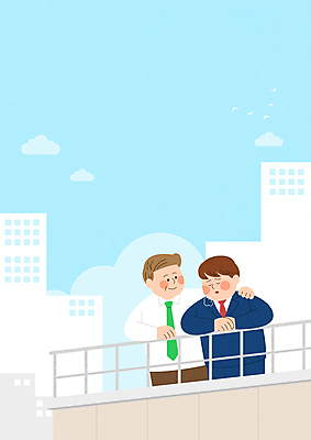 구름 남자 하늘색 일러스트 회사 난간 직장 피곤 상반신 성인 두명 기댐 한숨 상사 옥상 부하 격려 위로 부하직원 힘듦 성인남자만 어깨에손 국내일러스트 AI파일 자연요소 감정 컨셉 비즈니스 모션 사람 파란색 남자만 성인만 파일형식 벡터