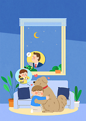 전신 한마리 응시 여자 남자 별 화분 반려견 아들 어린이 시계 말풍선 일러스트 창문 가족 안기 포옹 엄마 들기 앉기 소년 상반신 성인 세명 파란색 소파 달 하트 아빠 강아지 고독 야간 문서 야근 위로 달래기 국내일러스트 AI파일 자연요소 모양 1 시선 감정 컬러 의자 비즈니스 관계 모션 사람 반려동물 업무 개 파일형식 벡터