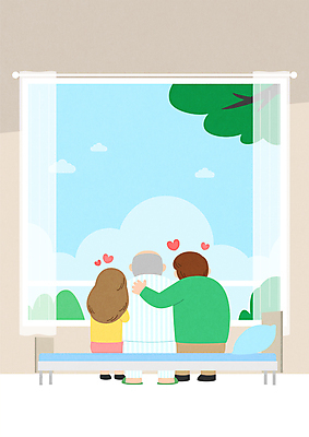 전신 나무 구름 여자 노년 남자 일러스트 창문 가족 안기 포옹 병원 앉기 성인 세명 환자 하트 커튼 병실 위로 병원침대 어깨에손 국내일러스트 AI파일 자연요소 모양 식물 의학 관계 모션 사람 침대 파일형식 벡터