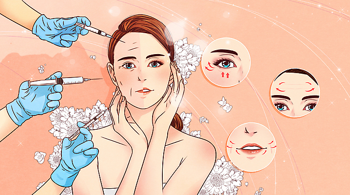 PSD 손 여자 꽃 화살표 얼굴 일러스트 주사기 한명 들기 손짓 상반신 성인 신체부위 뷰티 주름 변화 성형수술 입술 보톡스 눈가 살구색 이마 성인여자한명만 필러 국내일러스트 식물 1 컬러 컨셉 의료기기 모션 사람 수술 시술 여자한명만 성인여자만 파일형식