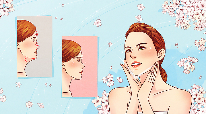 PSD 여자 꽃 화살표 얼굴 하늘색 일러스트 한명 미소 손짓 상반신 성인 세명 뷰티 만지기 비교 변화 성형수술 브이라인 양악 양악수술 성인여자만 코수술 국내일러스트 식물 1 컨셉 모션 표정 사람 신체부위 파란색 수술 여자만 성인만 파일형식