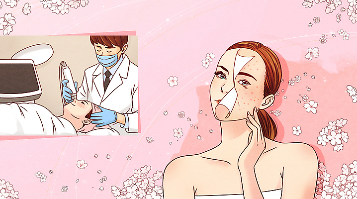 PSD 여자 남자 꽃 얼굴 분홍색 일러스트 마스크 들기 상반신 성인 치료 세명 뷰티 변화 성형수술 피부 피부관리 여드름 피부과의사 피부트러블 성인만 국내일러스트 식물 컬러 컨셉 의학 모션 사람 신체부위 의사 수술 피부질환 파일형식