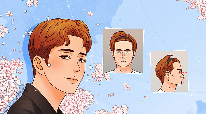 PSD 남자 꽃 화살표 얼굴 하늘색 일러스트 상반신 성인 세명 뷰티 머리띠 비교 변화 성형수술 쌍꺼풀수술 양악수술 성인남자만 코수술 국내일러스트 식물 컨셉 장신구 사람 신체부위 파란색 수술 남자만 성인만 파일형식