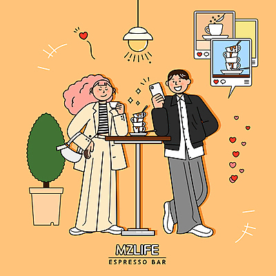 전신 라이프스타일 여자 남자 화분 허리손 말풍선 일러스트 탁자 조명 서기 들기 성인 두명 스마트폰 유행 쌓기 사진촬영 주황색 카페 하트 커피잔 책상 주머니손 에스프레소 소셜네트워크 성인만 MZ세대 에스프레소잔 국내일러스트 AI파일 모양 커피 컬러 포즈 가구 모션 잔 사람 생활 핸드폰 스마트기기 상점 촬영 세대 파일형식 벡터
