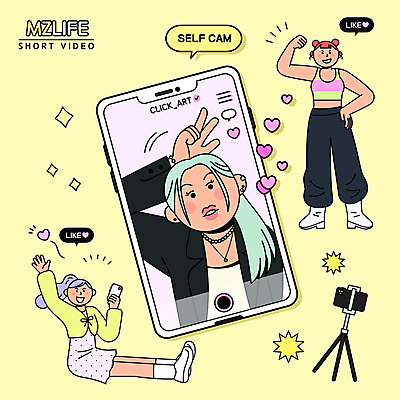 전신 라이프스타일 여자 허리손 말풍선 일러스트 서기 들기 앉기 손짓 상반신 성인 세명 스마트폰 노란색 유행 주먹 하트 셀프카메라 삼각대 소셜네트워크 성인여자만 MZ세대 숏폼 셀프캠 국내일러스트 AI파일 모양 컬러 포즈 모션 사람 생활 핸드폰 스마트기기 사진촬영 촬영 신조어 세대 여자만 성인만 파일형식 벡터