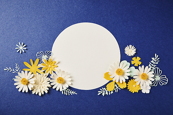 포토 JPG 스튜디오촬영 종이 잎 사람없음 파란색 하이앵글 페이퍼아트 오브젝트 파란배경 원형프레임 종이꽃 카피스페이스 편집소스 국내포토 식물 꽃 뷰포인트 컬러 백그라운드 프레임 실내 공백 원형 파일형식