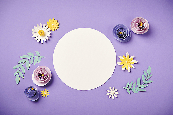 포토 JPG 스튜디오촬영 종이 잎 사람없음 하이앵글 페이퍼아트 오브젝트 원형프레임 보라색배경 종이꽃 카피스페이스 편집소스 국내포토 식물 꽃 뷰포인트 백그라운드 프레임 실내 보라색 공백 원형 파일형식