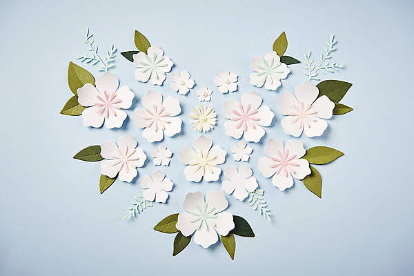 포토 JPG 스튜디오촬영 종이 잎 사람없음 하이앵글 하트 페이퍼아트 오브젝트 파란배경 종이꽃 편집소스 국내포토 모양 식물 꽃 뷰포인트 백그라운드 실내 파란색 파일형식