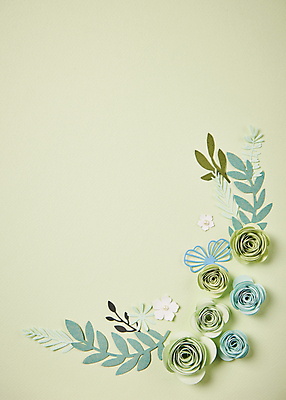 포토 JPG 스튜디오촬영 종이 잎 사람없음 하이앵글 페이퍼아트 오브젝트 종이꽃 카피스페이스 편집소스 초록배경 국내포토 식물 꽃 뷰포인트 백그라운드 실내 초록색 공백 파일형식