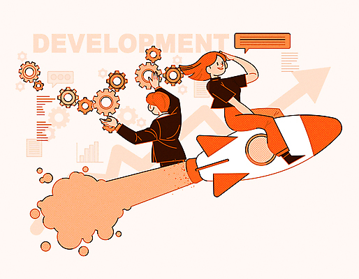 전신 여자 남자 화살표 말풍선 일러스트 성공 미래 상반신 성인 두명 손들기 주황색 로켓 성장 비즈니스맨 비즈니스우먼 발전 연기 승차 톱니바퀴 비전 개발 로켓발사 성인만 국내일러스트 AI파일 컬러 컨셉 비즈니스 모션 사람 직장인 발사 파일형식 벡터